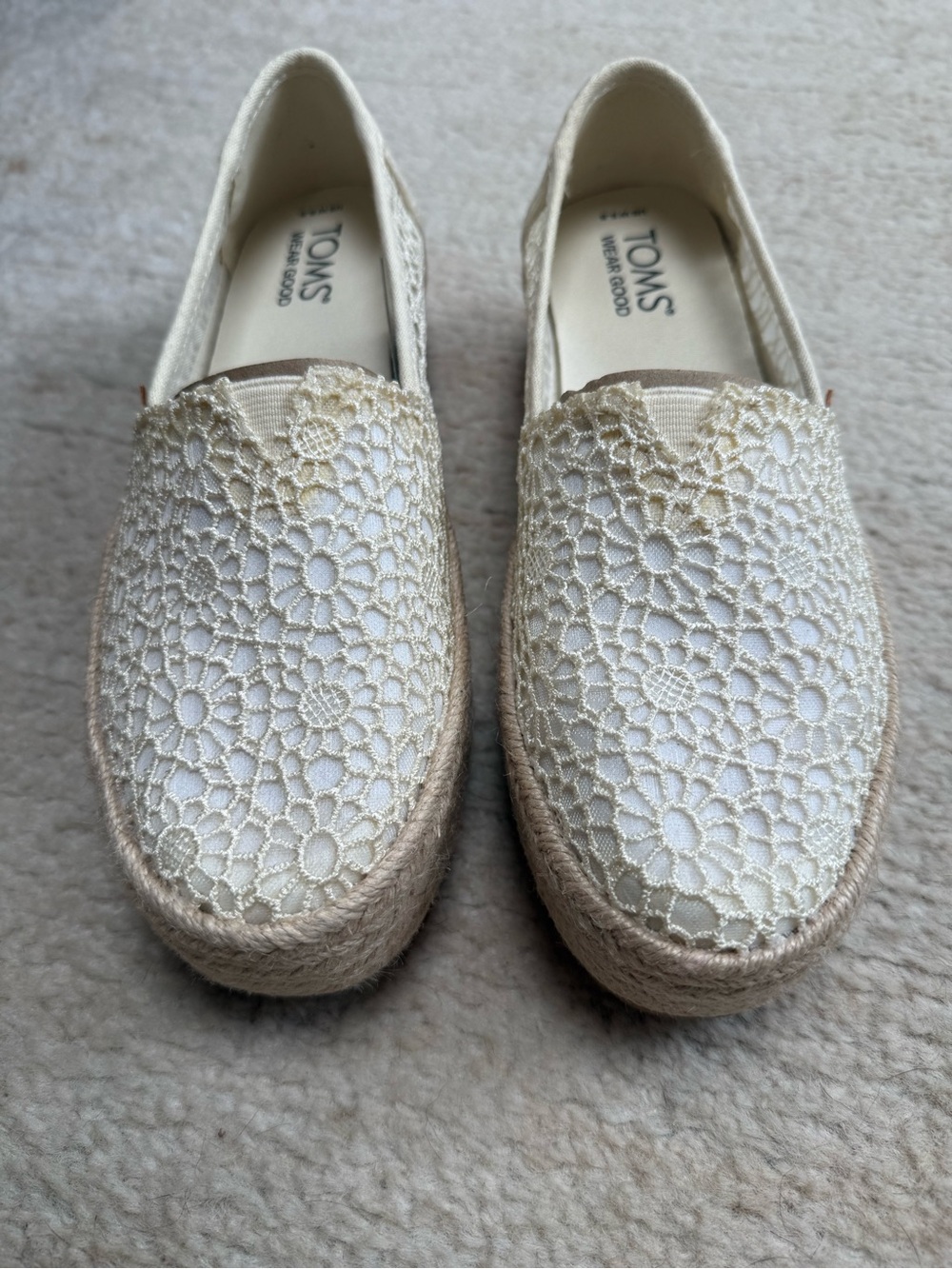 TOMS Cream Crochet Espadrille Platform Slip-Ons